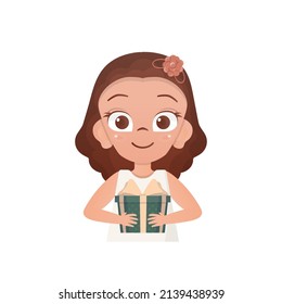 Satisfied girl child holding a gift. Drawing in cartoon style. Vector.