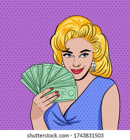 Satisfied girl holds a bunch of banknote money. Vector illustration in pop art style.