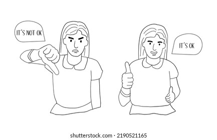 Satisfied girl raises her thumb up and puts it down. Gestures of approval and disapproval. Positive and negative emotion of a person. Liking and disliking. vector line art