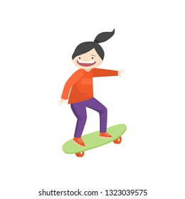 Satisfied girl skateboarding down from hill isolated on white background