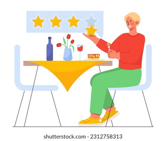 Satisfied gourmet with stars vector. Foodie critic sits at table with food and gives high rating to restaurant. Rating and ranking. Feedback and customer review concept. Cartoon flat illustration