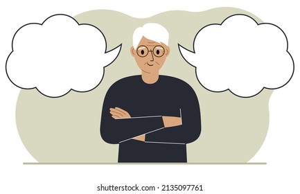 A satisfied grandfather tries to make the right decision. Left and right are empty bubbles. Comparison of the two solutions. Vector flat illustration