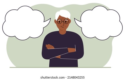 A satisfied grandfather tries to make the right decision. Left and right are empty bubbles. Comparison of the two solutions. Vector flat illustration