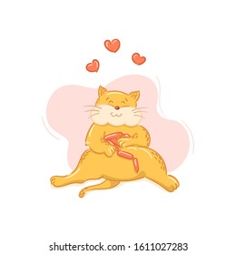 Satisfied happy fat cat hugs sausages. Valentine's card with hearts on white background. Flat vector illustration with cute animal.