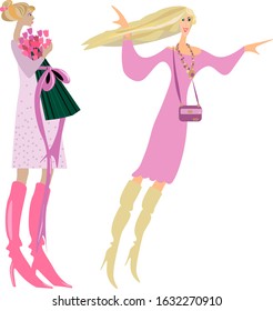 
Satisfied happy girls. Girl with a bouquet of flowers. Girl dancing. Good mood.