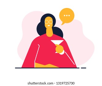 Satisfied happy woman seating in the restaurant and waiting for someone who is late. Flat design modern illustration.