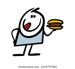 Satisfied hungry stickman with good appetite holds large sandwich with meat and sausage in hand. Vector illustration of unhealthy food. Hand drawn stick figure character isolated on white background.