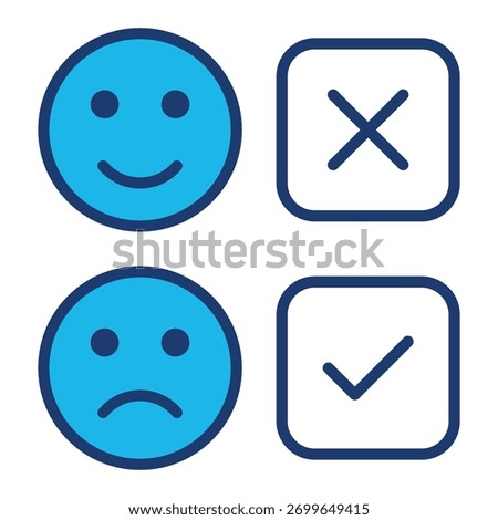 Satisfied Icon In Blue Monochrome Flat Design, Vector Illustration