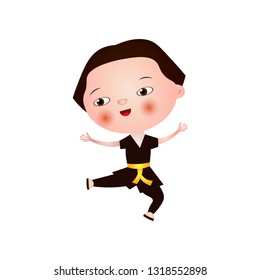 Satisfied little asian boy does karate isolated on white background