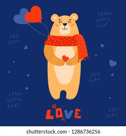 Satisfied little bear holds a heart ballons. Happy love. Valentine's day postcard