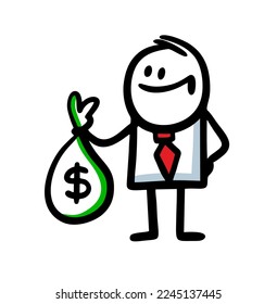 A satisfied man in a business suit holds a big bag full of money. Vector illustration of a businessman with earned cash.