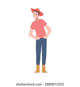 Satisfied Man Farmer in Yellow Rubber Boots and Wide Brimmed Hat in Standing Pose Vector Illustration