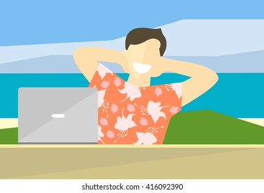 Satisfied man flat illustration . Work done concept. Happy impersonal businessman working on laptop. Freelance conception. Colorful background and floral hawaii shirt. Vector image