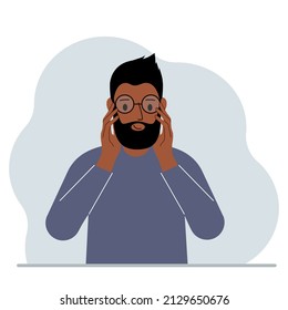 Satisfied man with glasses. Vision problem concept. Vector