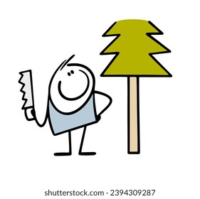 Satisfied man has found a tall fir tree and is going to cut it down for the Christmas holiday and home decor. Vector illustration of stickman standing with saw. Isolated cartoon on white background.
