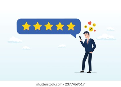 Satisfied man holding mobile giving 5 stars rating feedback, customer feedback from mobile application, rating or user experience, scoring and satisfaction, product quality and online survey (Vector)
