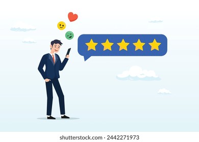 Satisfied man holding mobile giving 5 stars rating feedback, customer feedback from mobile application, rating or user experience, scoring and satisfaction, product quality and online survey (Vector)