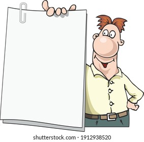 A satisfied man holds a blank piece of paper in his hands. Place for your advertisement. Hand-drawn man isolated on white background. Flat infographics. Vector illustration in cartoon style.