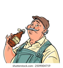 A satisfied man holds a bottle of beer in his hands. Advertising of alcoholic drinks and offers in the bar. Visitor to the Oktoverfest folk beer festival Comic cartoon pop art retro vector