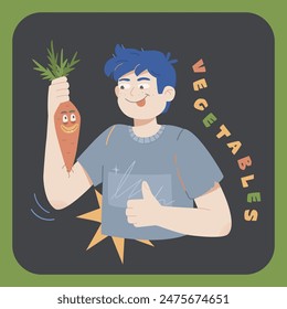 Satisfied man holds fresh ripe carrot