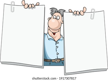 A satisfied man holds two blank sheets of paper in his hands. Place for your advertisement. Hand-drawn man isolated on white background. Flat infographics. Vector illustration in cartoon style.