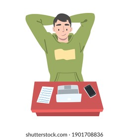 Satisfied Man Journalist or Columnist at Workplace Thinking Over Article Topic Vector Illustration