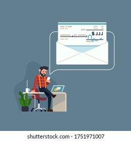 Satisfied Man Is Looking At Just Received Paycheck On His Phone. Received Payment Concept Vector Illustration In Trendy Flat Style 