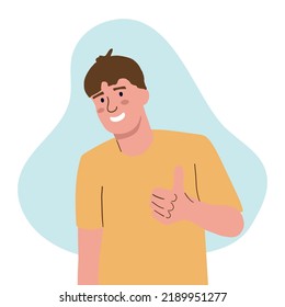 Un hombre satisfecho levanta el pulgar. Un gesto de aprobación. Emoción positiva de la persona. todo bien. vector plano