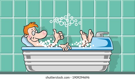 A Satisfied Man Takes A Bubble Bath. Medical Procedures In The Sanatorium. Flat Infographics. Vector Illustration In Cartoon Style