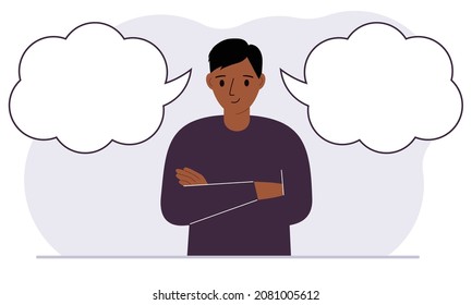 A satisfied man tries to make the right decision. Left and right are empty bubbles. Comparison of the two solutions. Vector flat illustration