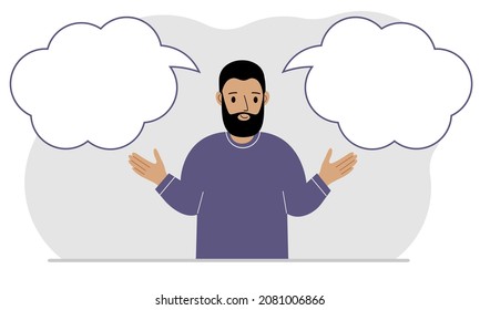 A satisfied man tries to make the right decision. Left and right are empty bubbles. Comparison of the two solutions. Vector flat illustration