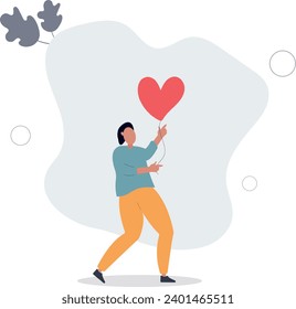 Satisfied man user and follower with positive feedback. Social media web concept.heart shaped balloon