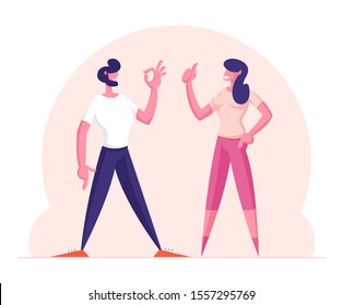 Satisfied Man and Woman Gesturing Ok Sign and Thumb Up. Positive Emotions, Approval Symbol. Communication and Agreement Concept. Businesspeople Successful Good Deal. Cartoon Flat Vector Illustration