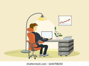 satisfied manager in a chair at the table, with a laptop. increase work results