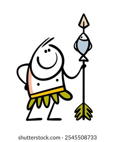 Satisfied native, the leader of a primitive tribe in the jungle holds a spear with a fish. Vector illustration of a hunter, weapons and prey. Funny stickman got food. Isolated on white background.