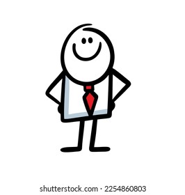 Satisfied office worker in a suit and a red tie stands with his hands on his sides and smiles. Vector illustration of confident man at business work.