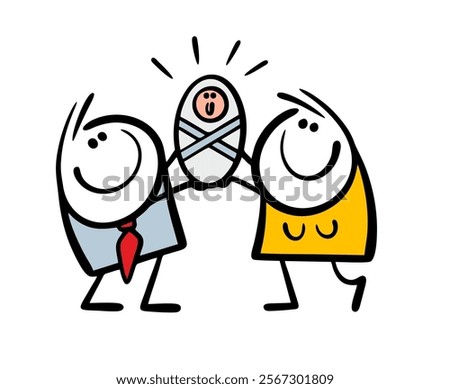 Satisfied parents hold  newborn and demonstrate the child. Vector illustration of the discharge from the maternity hospital. Family with  baby. Isolated cartoon character on white background.
