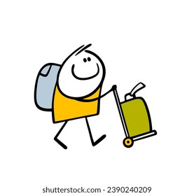 Satisfied passenger of the plane has arrived on trip and is carrying his luggage on trolley. Vector illustration of   stickman with suitcase at the airport going to taxi. Isolated on white background.