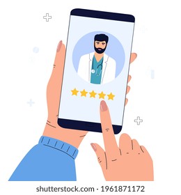 A satisfied patient leaves a good review to the doctor using the mobile application. Hand rates five stars. Customer feedback online. Rating flat vector concept.