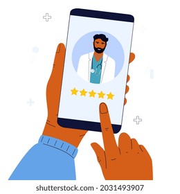 A Satisfied Patient Leaves A Good Review To The Indian Doctor Using The Mobile Application. Hand Rates Five Stars. Customer Feedback Online. Rating Flat Concept