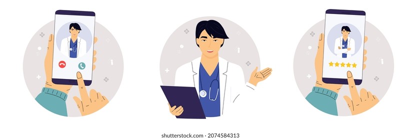 A satisfied patient leaves a good review to the Asian doctor using the mobile application. Hand rates five stars. Customer feedback online. Rating flat concept