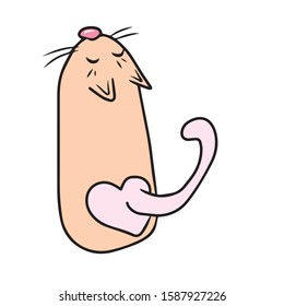 Satisfied peach cat-kawaii on the back of the heart where the tail .On a white isolated background. Hand-drawn. Vector illustration.Form for banners, postcards. Animal