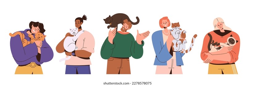 Satisfied people, happy pet owners standing in row and holding cute adorable fluffy cats waist-length portrait isolated on white background. Kind man and woman take care of animal vector illustration