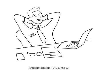 Satisfied person in the office at computer.Vector illustration