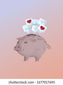 Satisfied piglet who got a lot of comments and likes. Piggybank cartoon character with media and network symbols. 