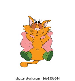A satisfied red cat is lying on a pink pillow.Isolated vector design for online communications, networks, social networks, web design, mobile messages.animals