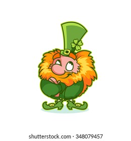 Satisfied red-haired gnome in green costume rolled his eyes. Funny cartoon character on a white background. Shaggy leprechaun celebrating St Patrick's Day.  Dwarf with arms crossing over his chest.