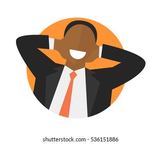 Satisfied relaxing black man flat icon. Work done concept. Happy impersonal businessman. Isolated vector image