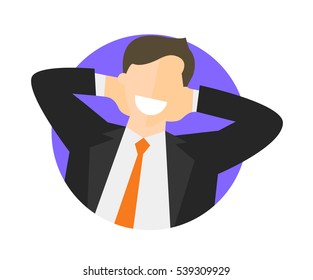 Satisfied relaxing businessman flat icon. Work done concept. Happy impersonal man. Vector image