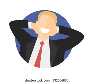 Satisfied relaxing man flat icon. Work done concept. Happy impersonal businessman. Vector image